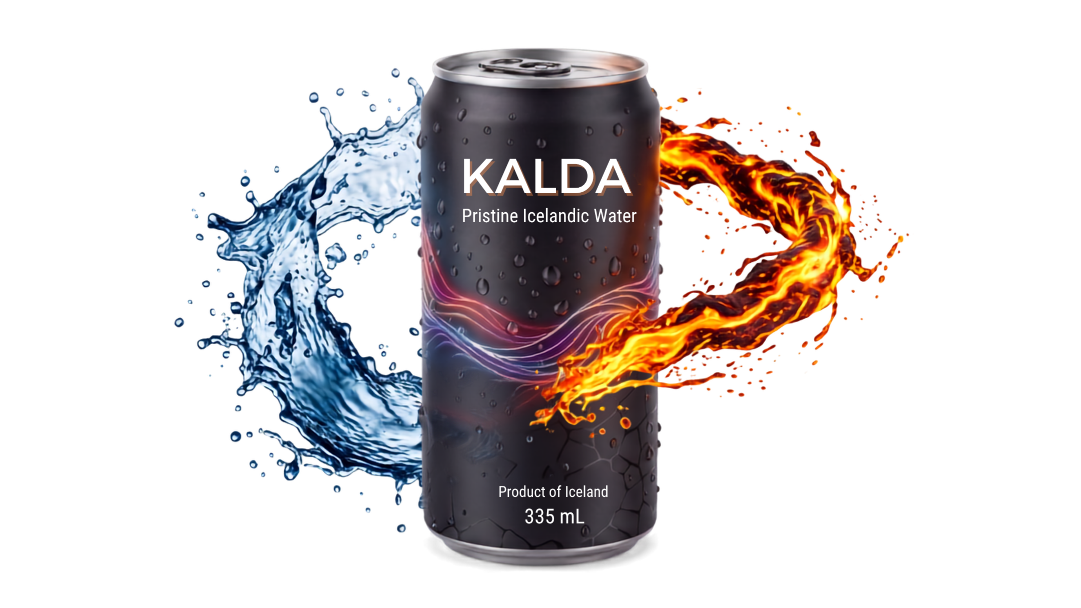 KALDÁ black can standing against cold water and volcanic light