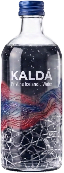 KALDÁ glass reserve bottle with the red and blue wave artwork