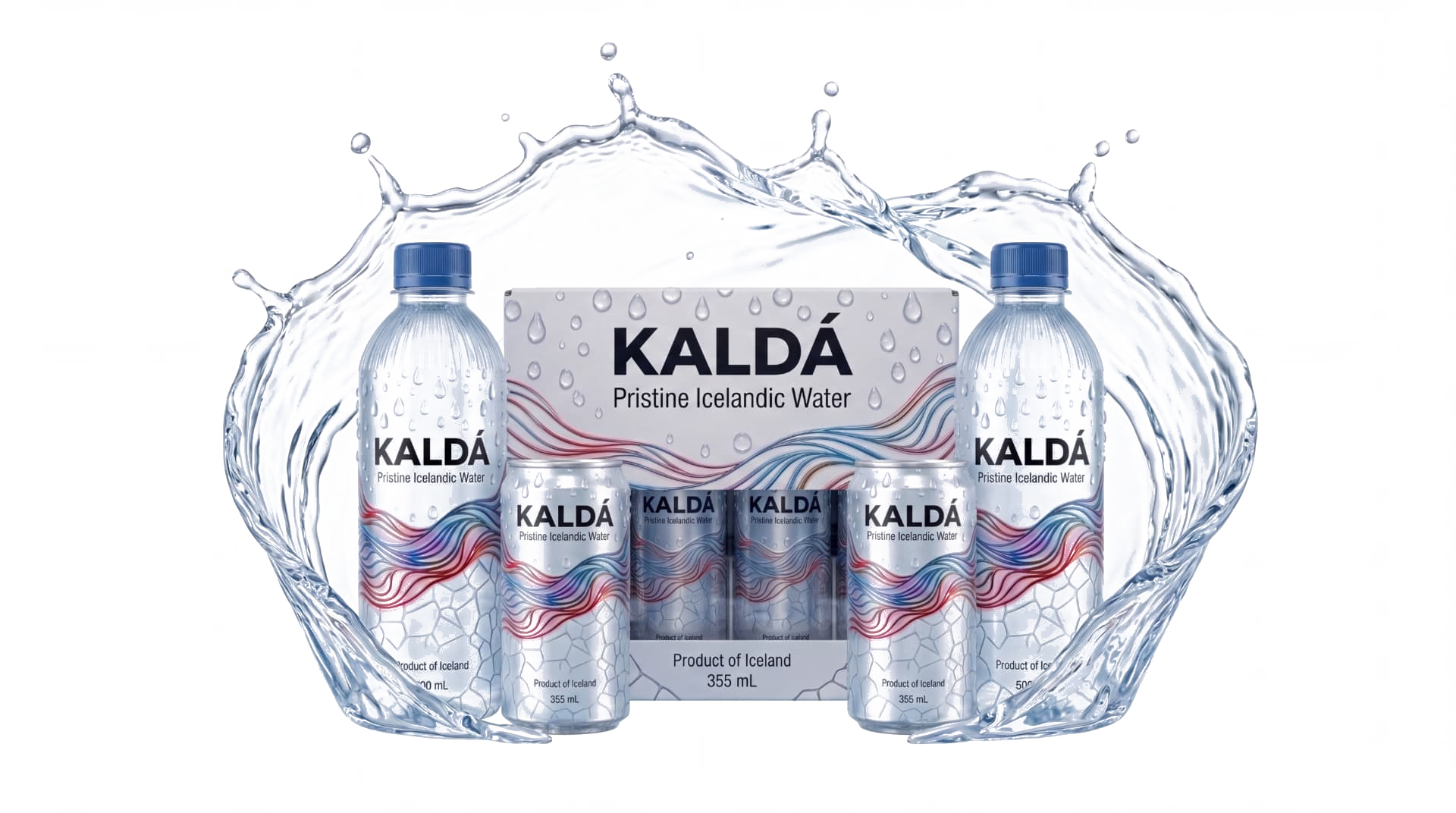 The KALDÁ range: 500 mL PET bottles, 355 mL cans, and the 355 mL case inside a crown of splashing water