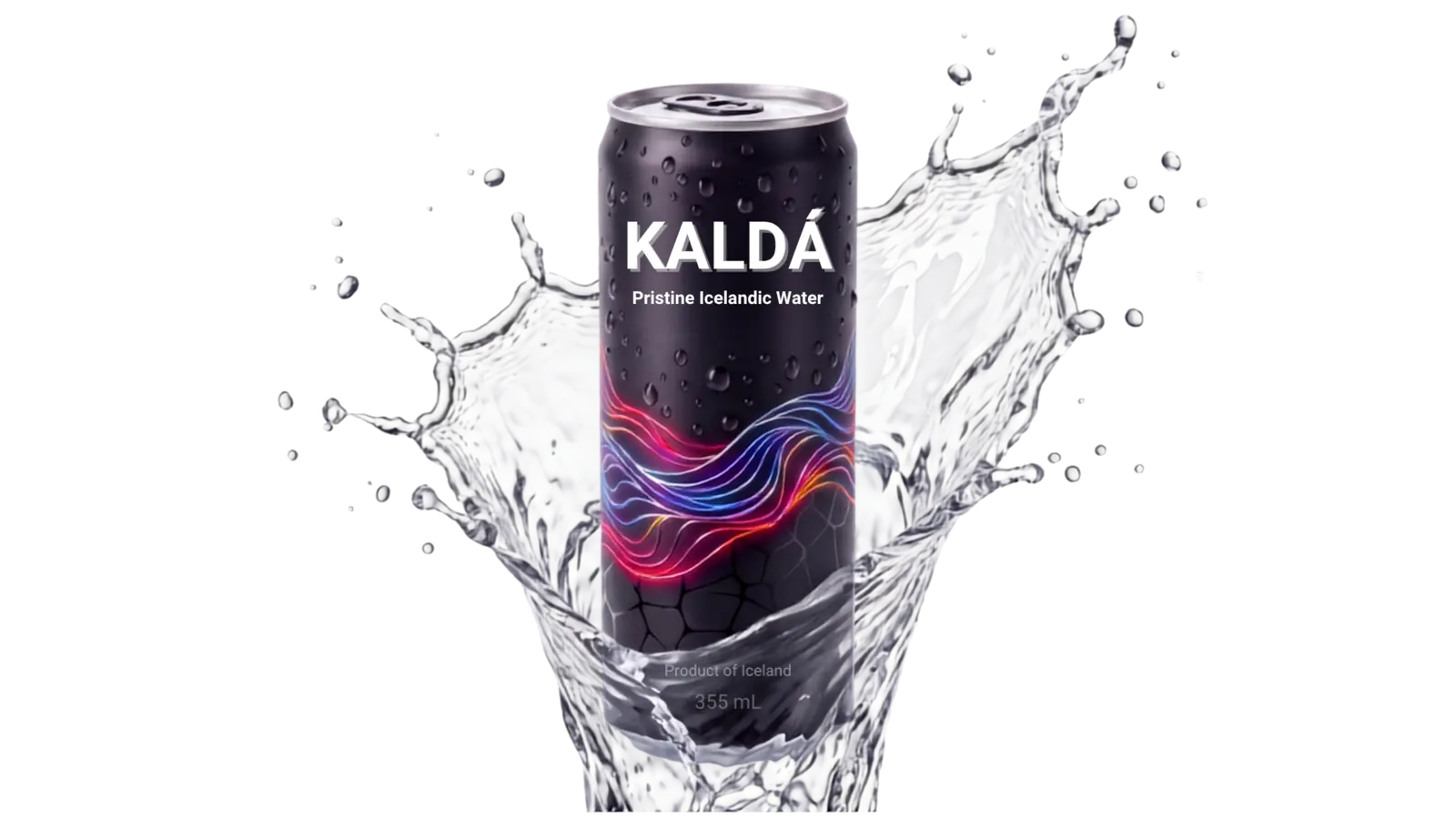 KALDÁ black premium can rising from a crown of cold water