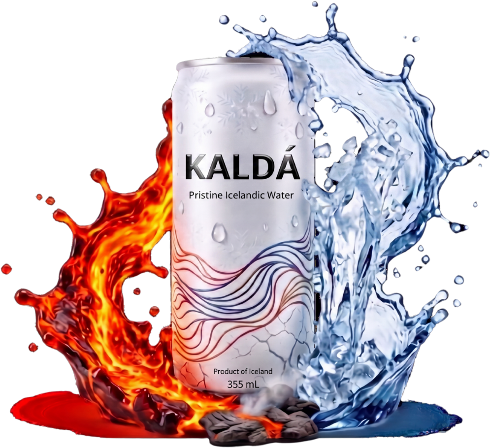 KALDÁ white can between a curl of cold water and a curl of volcanic fire