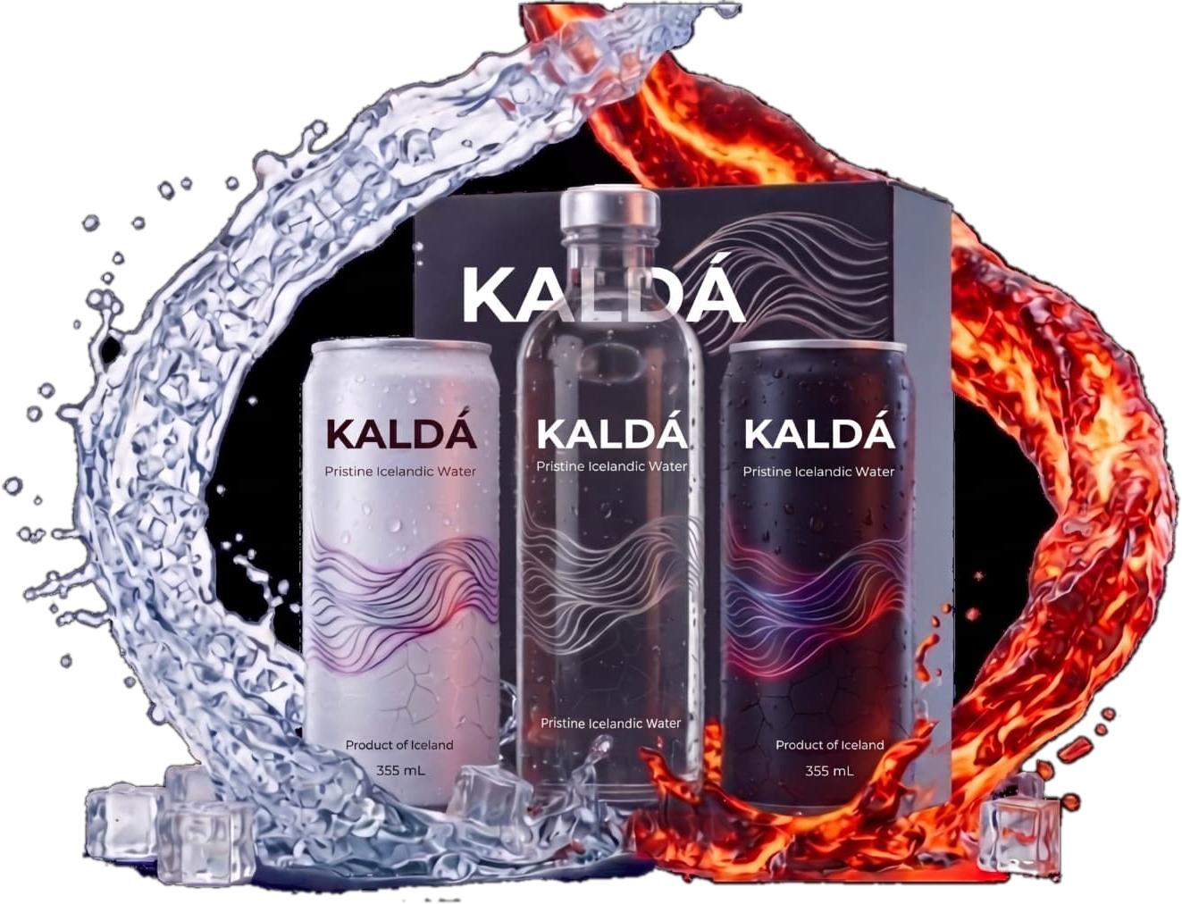 KALDÁ can, bottle and case ringed by a swirl of cold water and lava