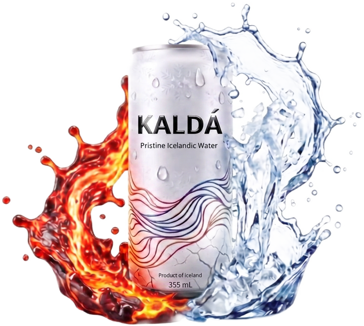 White KALDÁ 355 mL can between a curl of fire and a curl of water