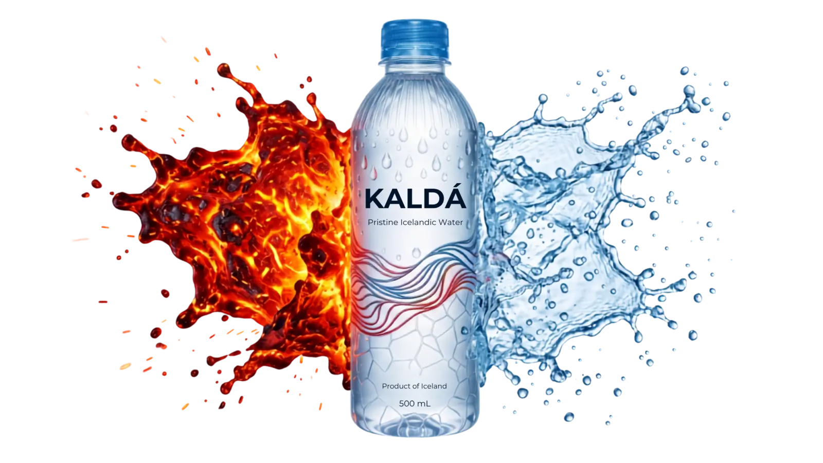 KALDÁ 500 mL PET bottle between a wing of lava and a wing of cold water