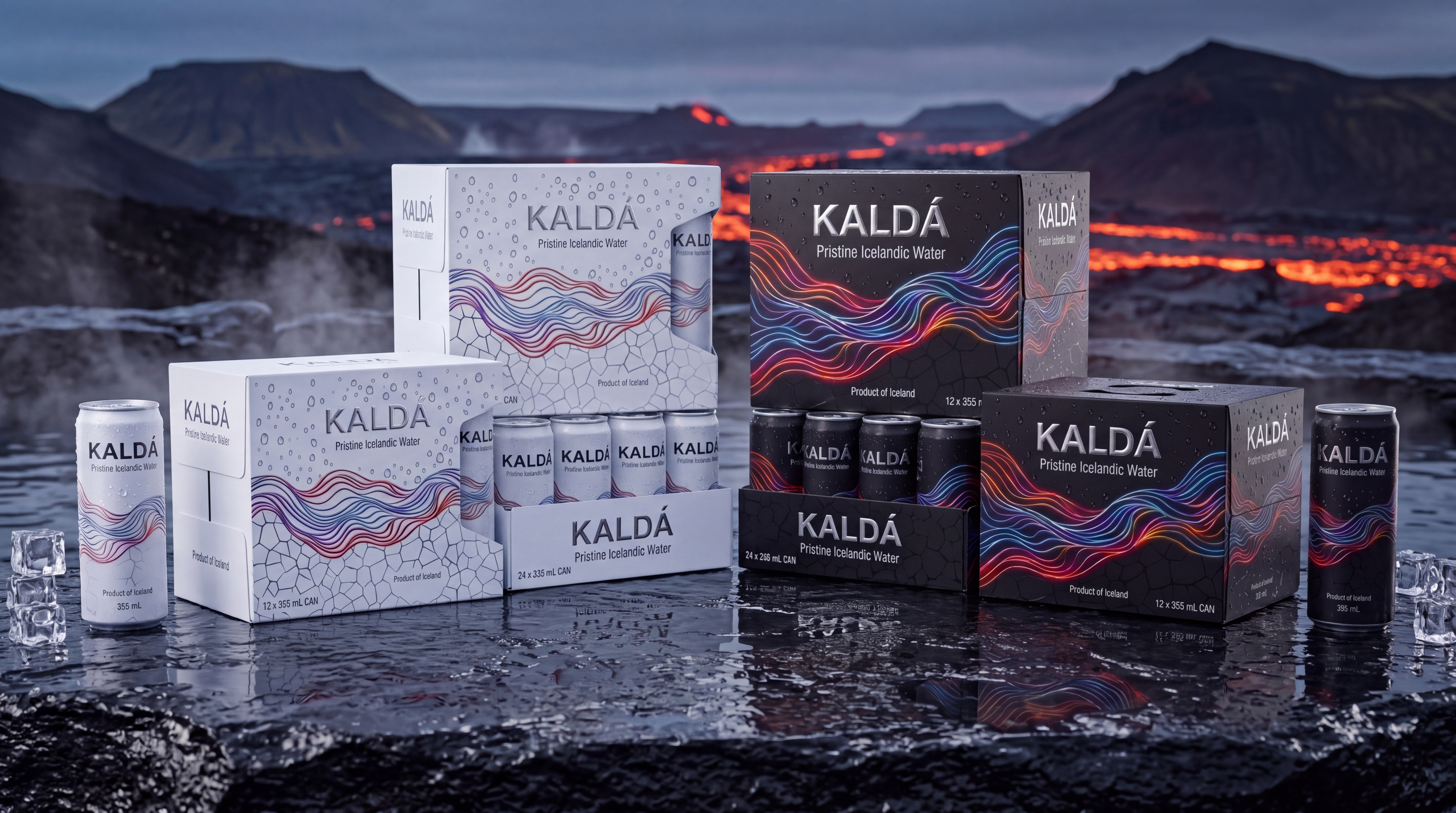 The full KALDÁ range together: cans, glass, PET, and bag-in-box