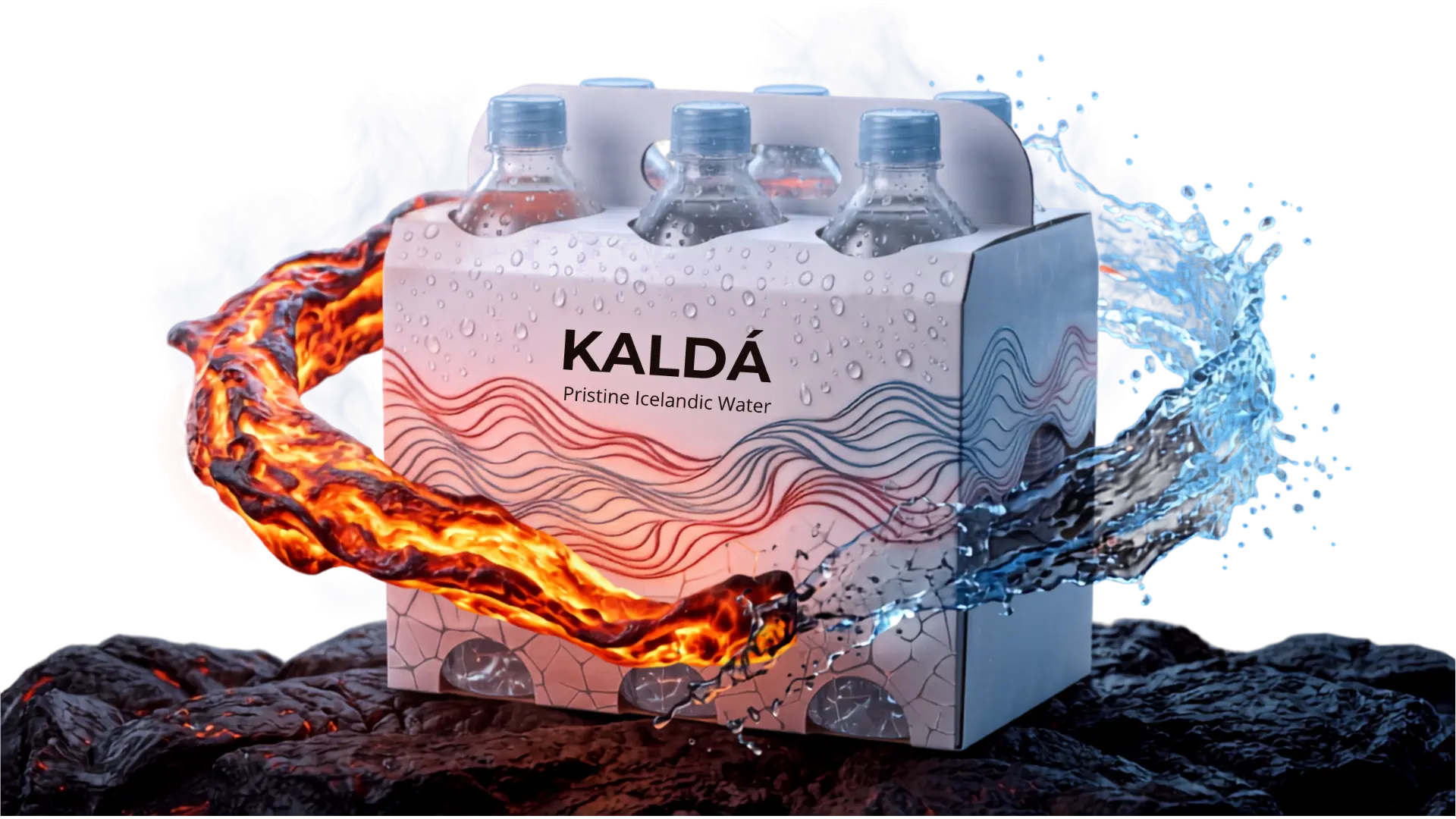 A KALDÁ PET six-pack on volcanic rock, wrapped in ribbons of fire and water