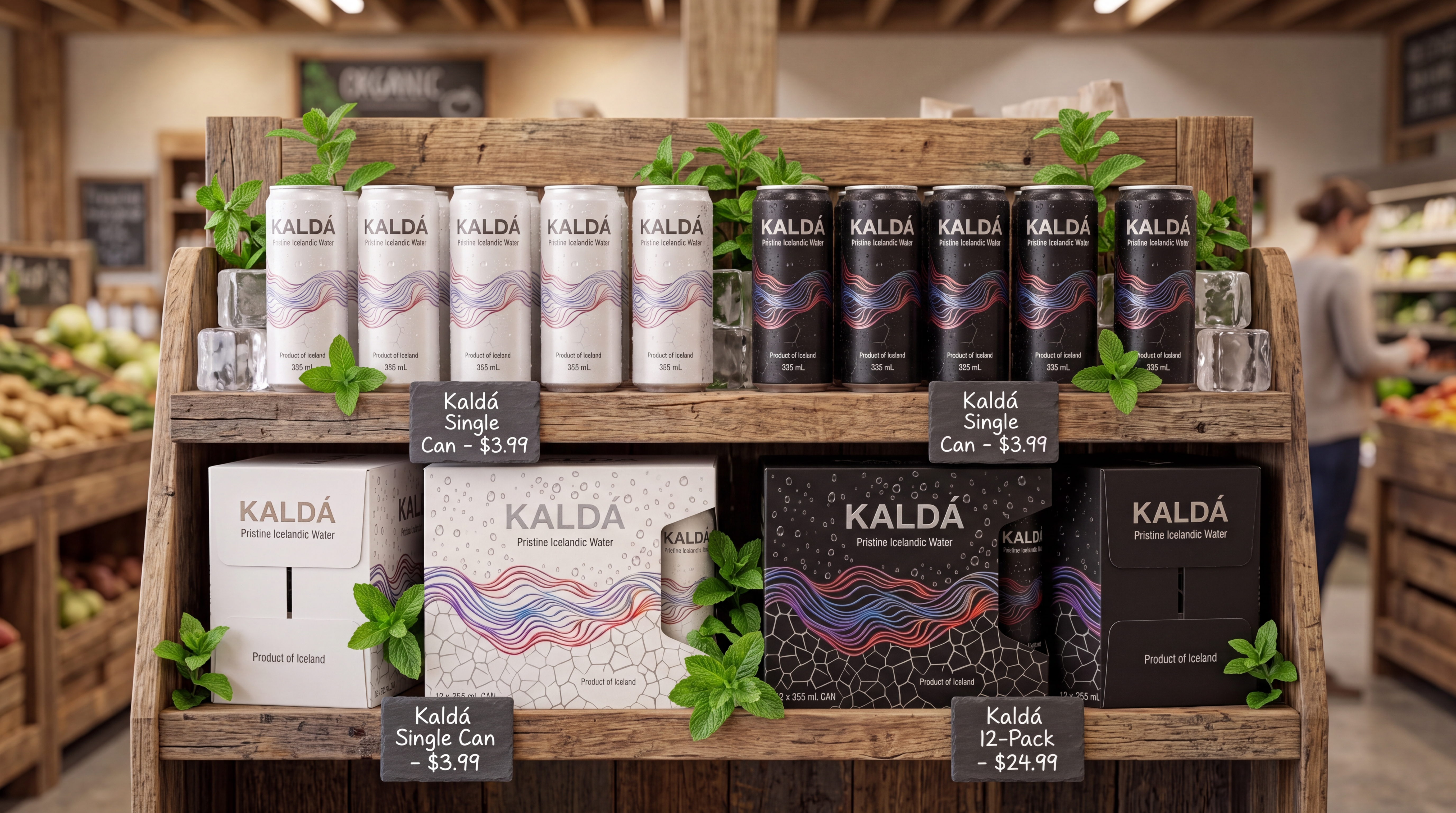 KALDÁ cans and multipacks arranged on a wooden retail shelf