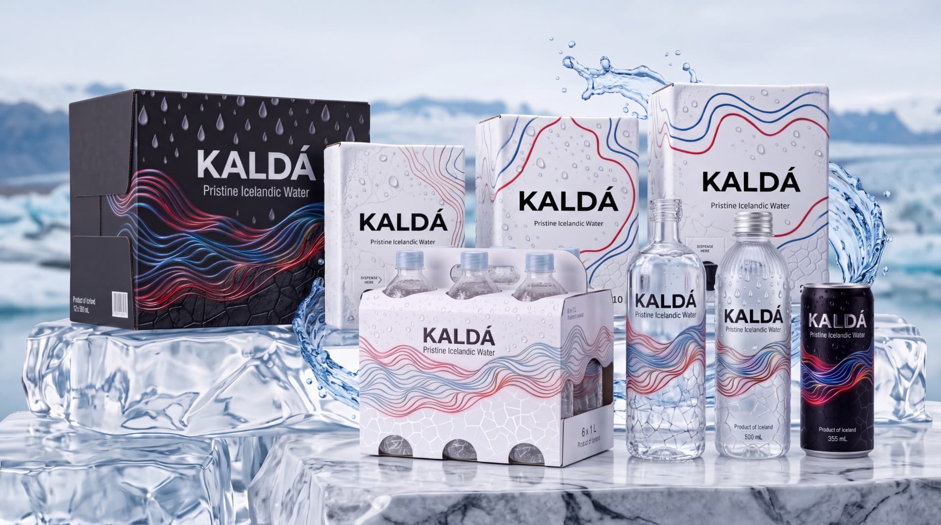 The full KALDÁ range: cases, bag-in-box cartons, a six-pack, bottles, and a can set on ice in front of a glacier lagoon