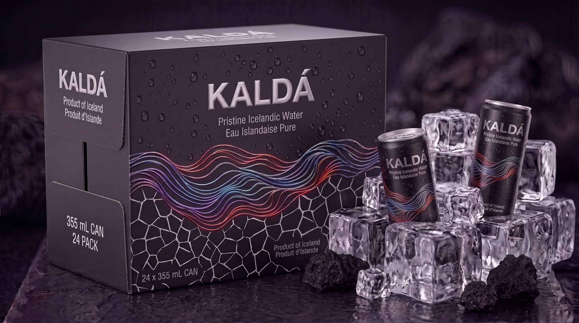 Dark KALDÁ shipping carton sealed and stacked, ready for pallet loading