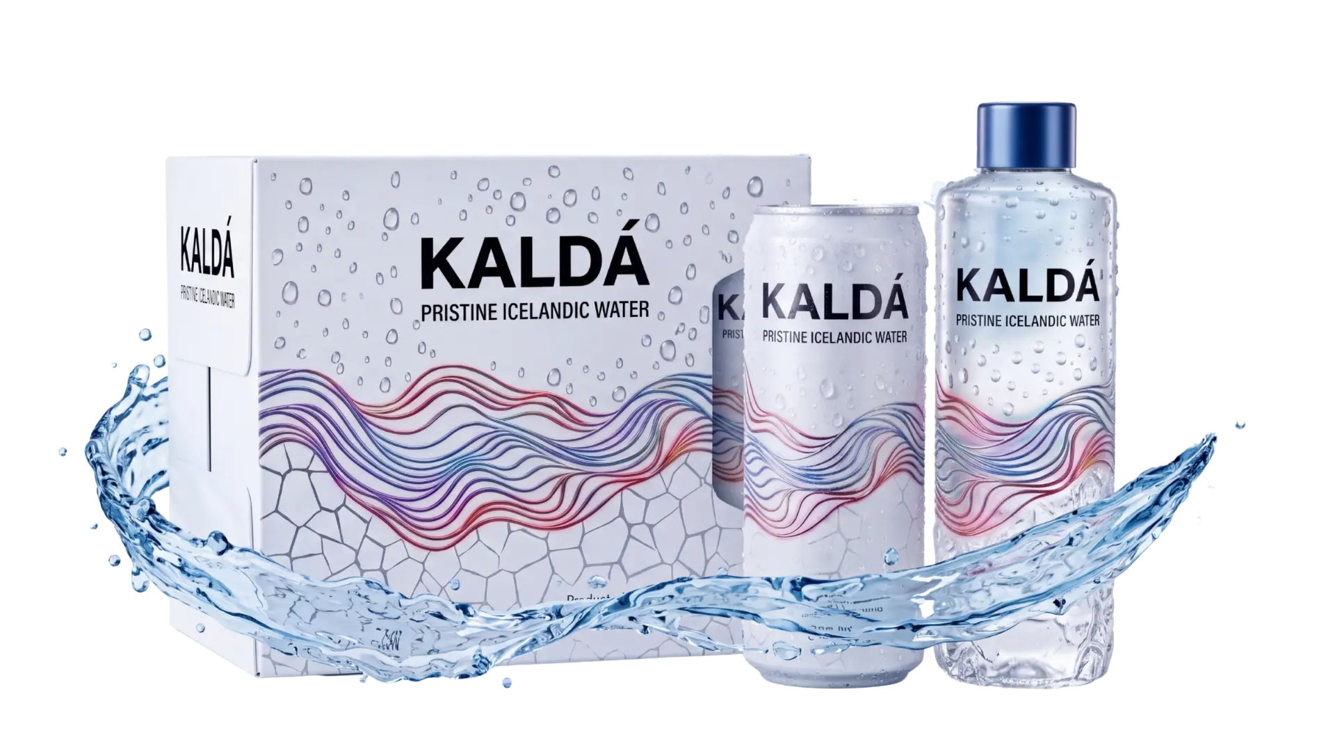 KALDÁ case, can and bottle wrapped in a ribbon of glacier water