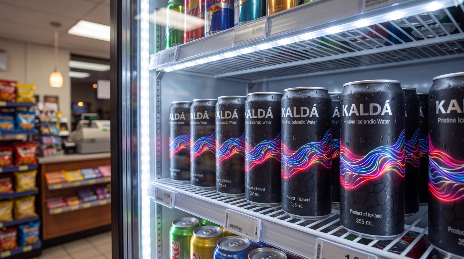 KALDÁ cans chilled on a lit cooler shelf in store