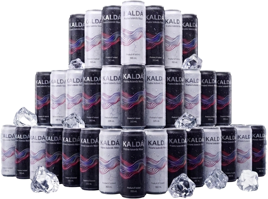 Pyramid stack of KALDÁ cans surrounded by ice