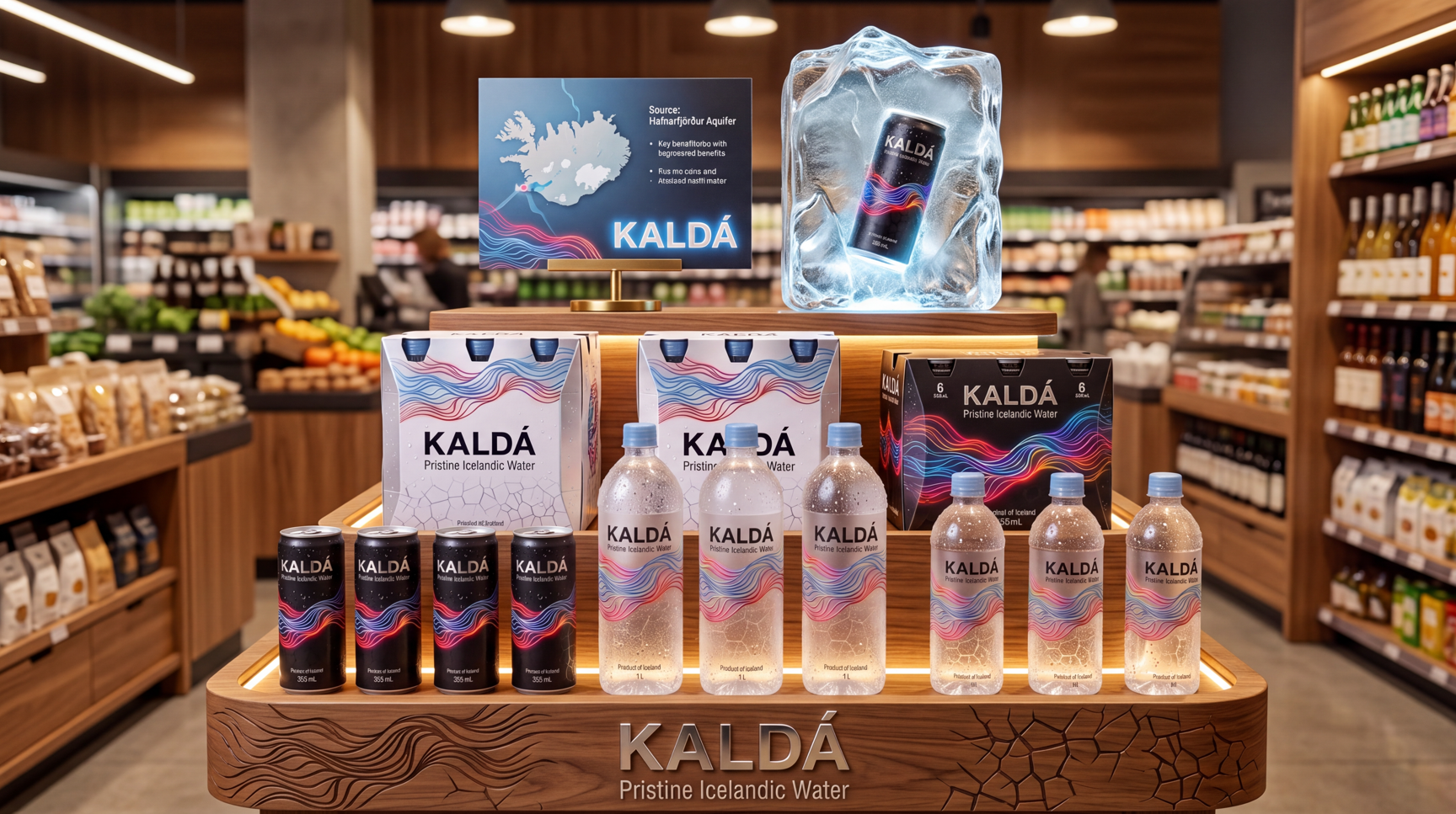 A branded KALDÁ retail display of cans, bottles and multipacks in a grocery aisle