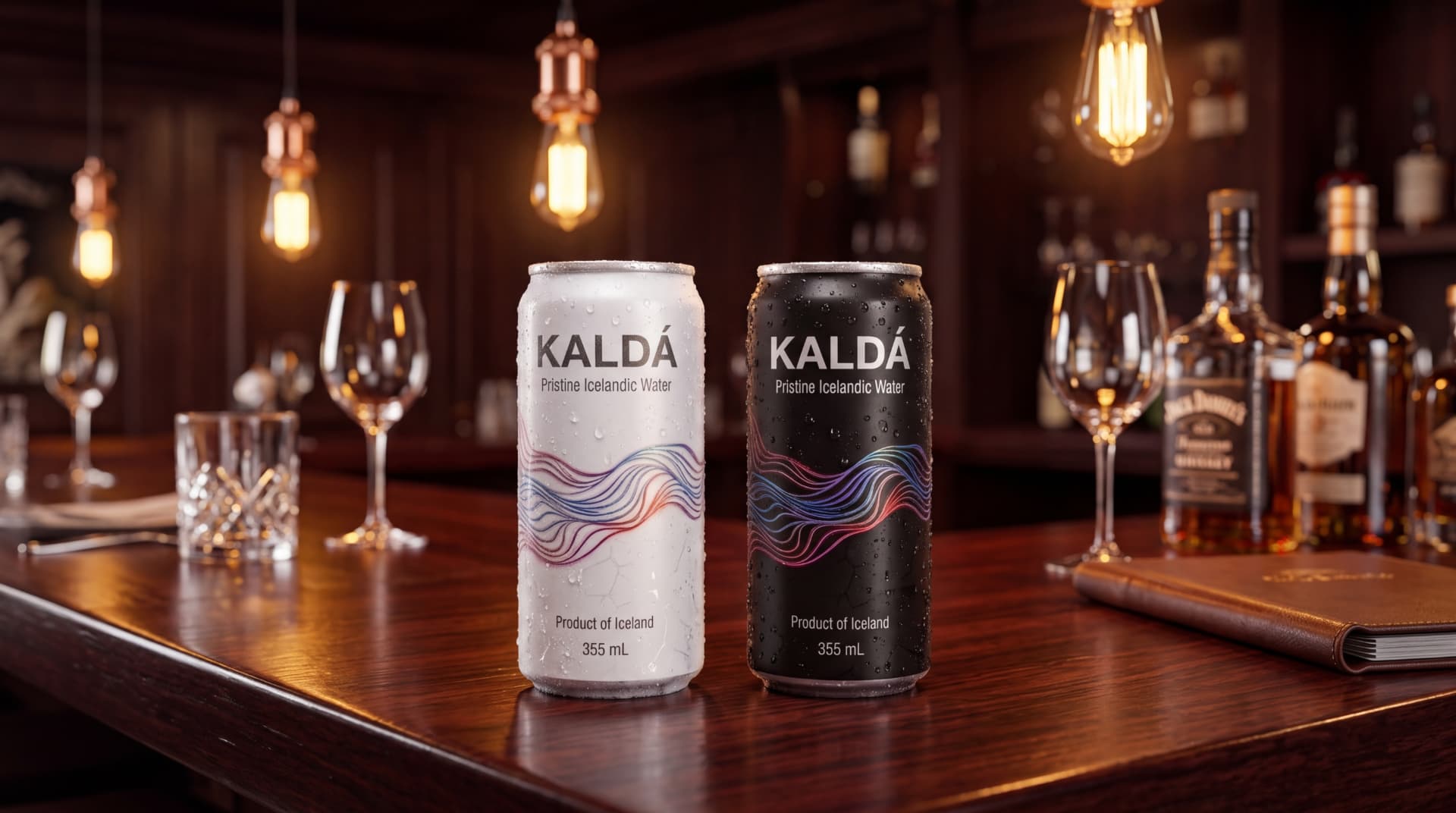 Frosted KALDÁ cans on a polished bar counter