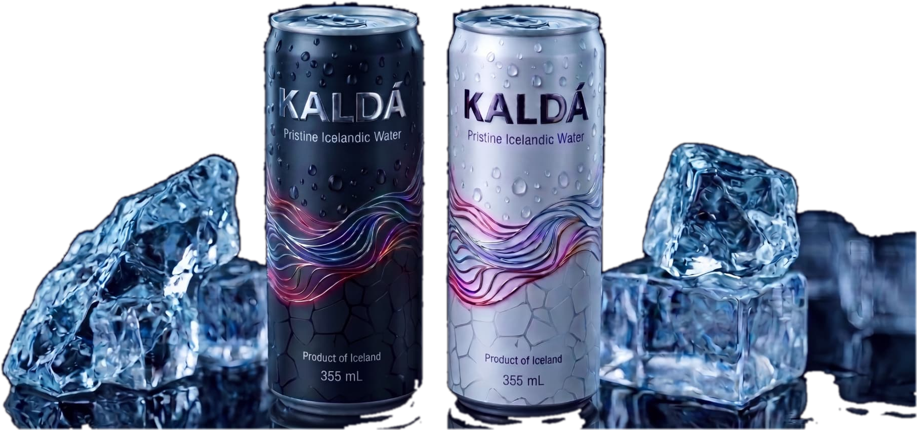 KALDÁ black and white cans standing among clear glacier ice