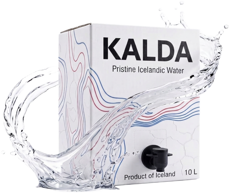 KALDÁ 10 L bag-in-box carton with tap, wrapped in a curl of water