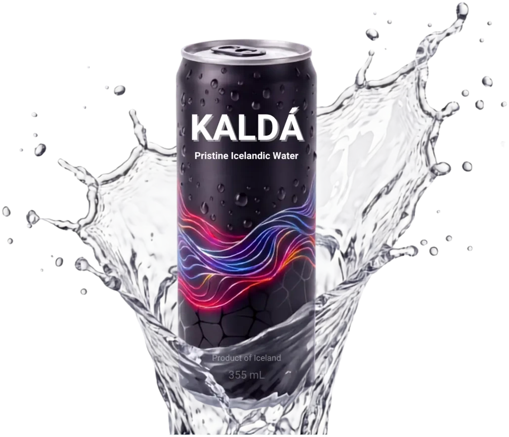 Black KALDÁ 355 mL can standing on rock