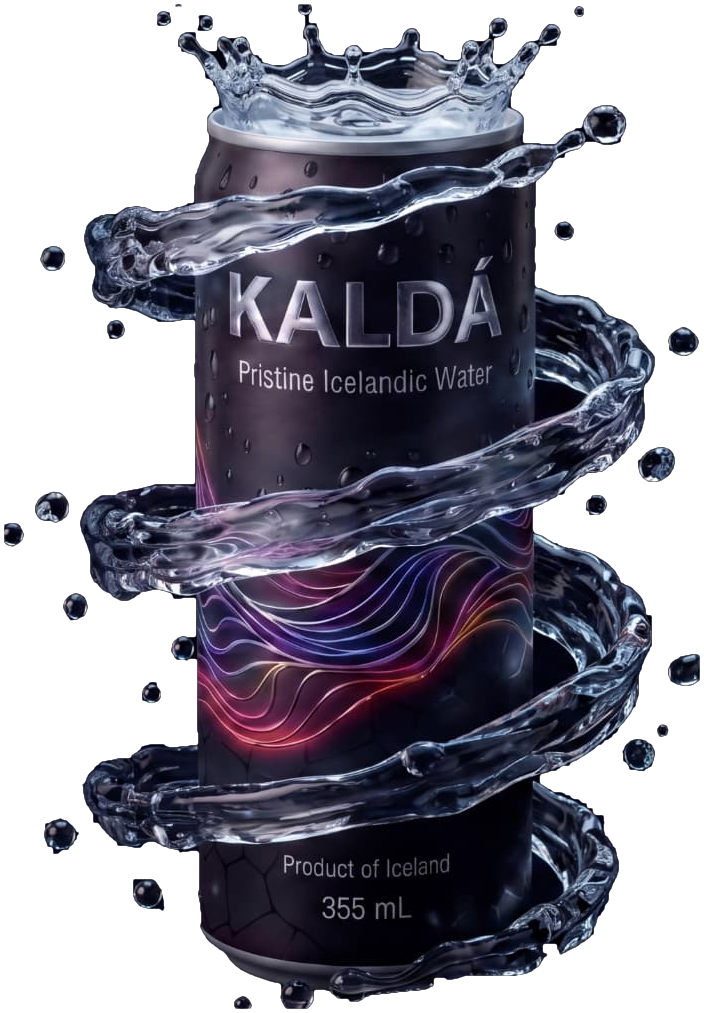 A black KALDÁ 355 mL can wrapped in a spiral of splashing water