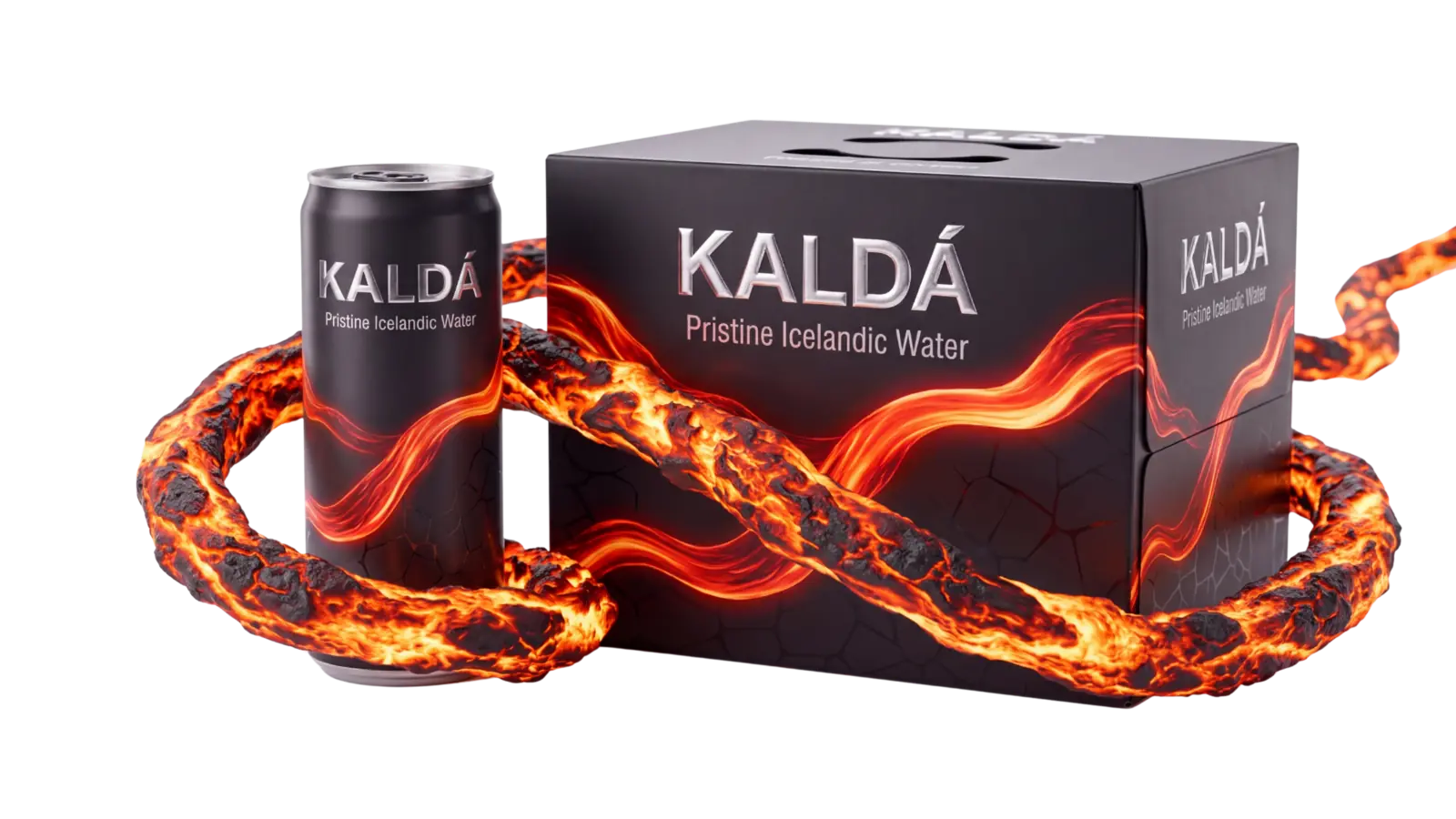 Black KALDÁ premium multipack case beside a can, threaded with a lava strand