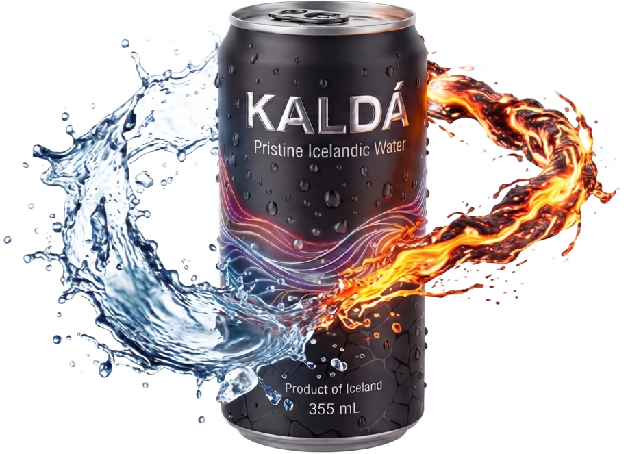 Black KALDÁ 355 mL can between curls of water and fire