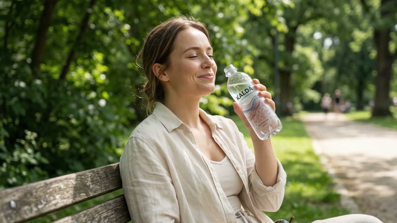 A woman drinking KALDÁ water from a bottle