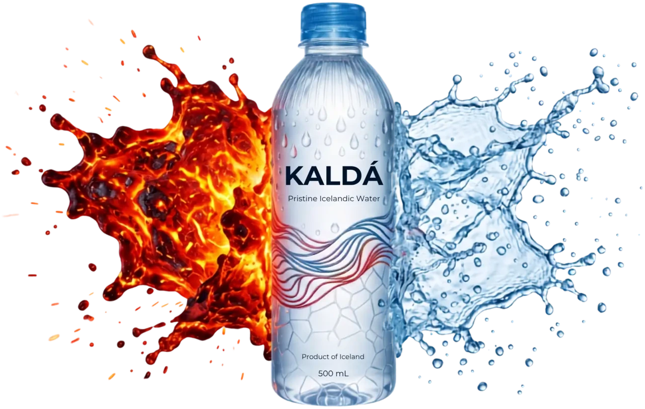 KALDÁ 500 mL PET bottle between a curl of water and a curl of fire
