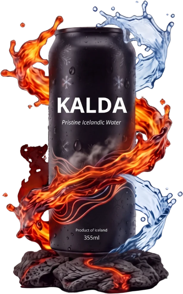 KALDÁ black can on volcanic rock, wrapped in curls of fire and cold water