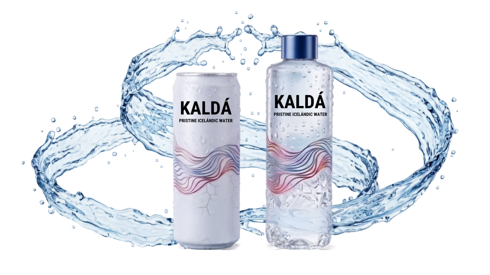KALDÁ white can and clear PET bottle inside calm rings of water