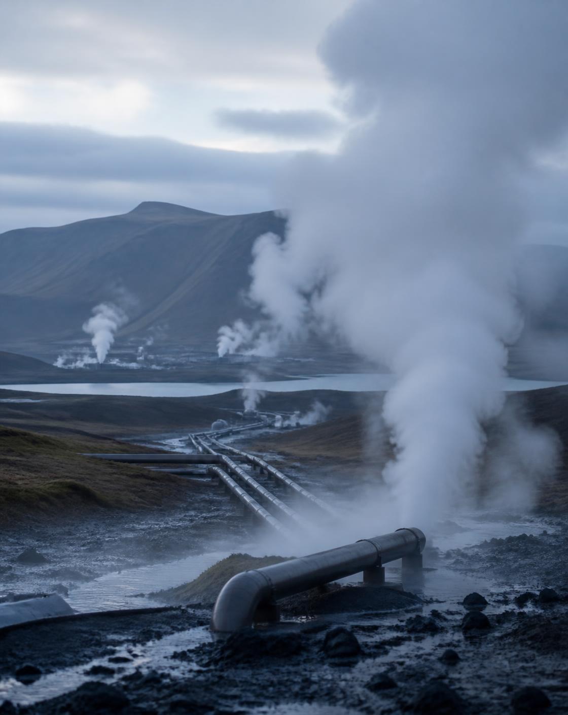 Steam rising across a geothermal landscape in Iceland